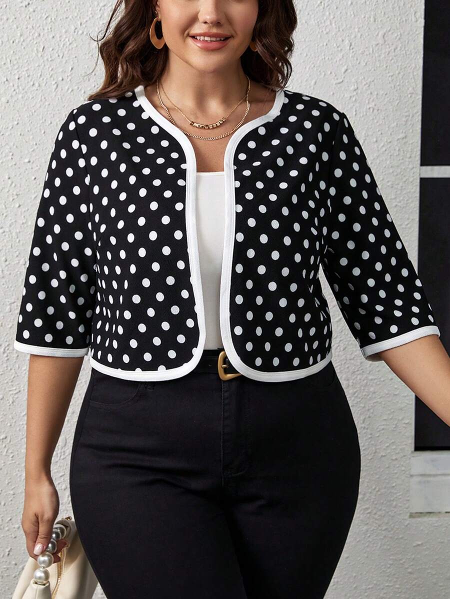 SHEIN Clasi 大碼波點圖案撞色滾邊開門襟夾克 - 黑與白 - 查看 1