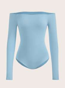 SHEIN BASICS Off Shoulder Solid Bodysuit - Baby Blue - View 1