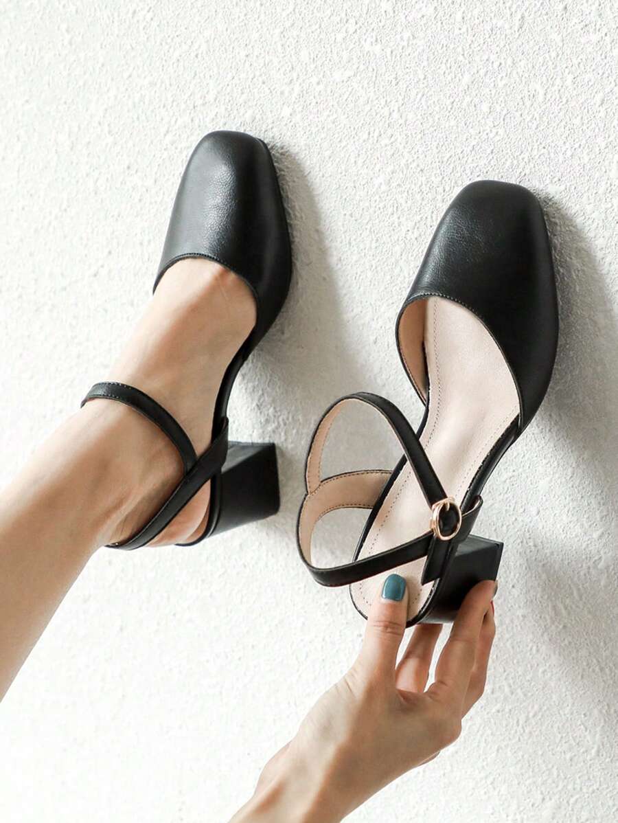 Women Minimalist Square Toe Chunky Heeled Pumps, Elegant Black Ankle Strap Pumps - Black - View 1