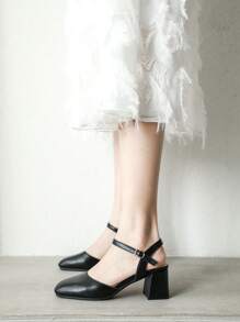 Women Minimalist Square Toe Chunky Heeled Pumps, Elegant Black Ankle Strap Pumps - Black - View 2