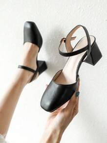Women Minimalist Square Toe Chunky Heeled Pumps, Elegant Black Ankle Strap Pumps - Black - View 3