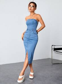 SHEIN ICON Split Thigh Tube Denim Dress - Medium Wash - View 1