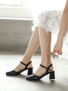 Women Minimalist Square Toe Chunky Heeled Pumps, Elegant Black Ankle Strap Pumps - Black - View 4