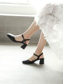 Women Minimalist Square Toe Chunky Heeled Pumps, Elegant Black Ankle Strap Pumps - Black - View 5