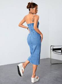 SHEIN ICON Split Thigh Tube Denim Dress - Medium Wash - View 3