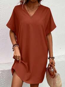 SHEIN LUNE 素色蝙蝠袖直筒連衣裙 - 棕色 - 查看 1