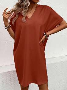 SHEIN LUNE 素色蝙蝠袖直筒連衣裙 - 棕色 - 查看 3