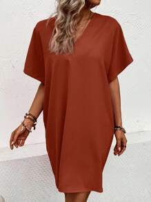 SHEIN LUNE 素色蝙蝠袖直筒連衣裙 - 棕色 - 查看 4