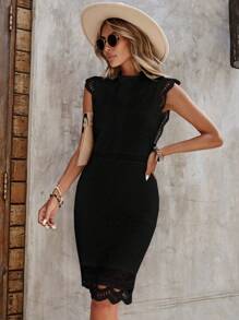 SHEIN Clasi 小高領提花蕾絲緊身連衣裙 - 黑色 - 查看 4