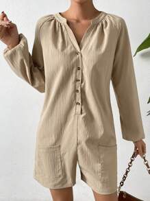 SHEIN LUNE 缺口領插肩袖口袋貼布連身短褲 - 杏色 - 查看 4