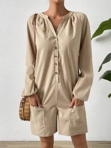 SHEIN LUNE 缺口領插肩袖口袋貼布連身短褲 - 杏色 - 查看 5