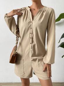 SHEIN LUNE 缺口領插肩袖口袋貼布連身短褲 - 杏色 - 查看 1