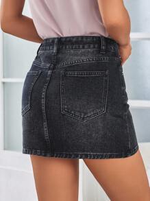 SHEIN LUNE 素色緊身牛仔半身裙 - 黑色 - 查看 2