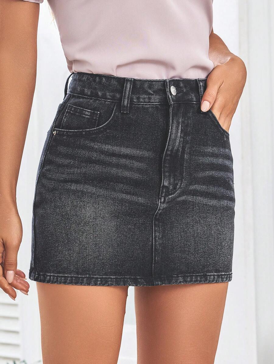 SHEIN LUNE 素色緊身牛仔半身裙 - 黑色 - 查看 1