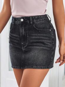 SHEIN LUNE 素色緊身牛仔半身裙 - 黑色 - 查看 6