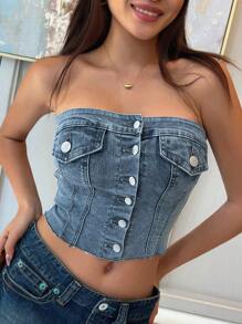 DAZY 纯色纽扣前开襟露脐牛仔抹胸上衣，适合节日穿着 - 中等水洗藍 - 查看 2