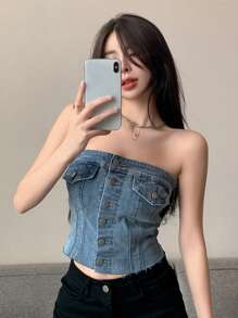 DAZY 纯色纽扣前开襟露脐牛仔抹胸上衣，适合节日穿着 - 中等水洗藍 - 查看 5