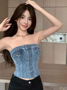 DAZY 纯色纽扣前开襟露脐牛仔抹胸上衣，适合节日穿着 - 中等水洗藍 - 查看 7