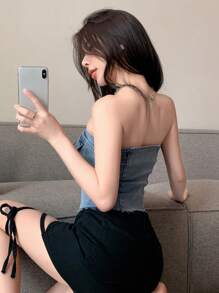 DAZY 纯色纽扣前开襟露脐牛仔抹胸上衣，适合节日穿着 - 中等水洗藍 - 查看 8