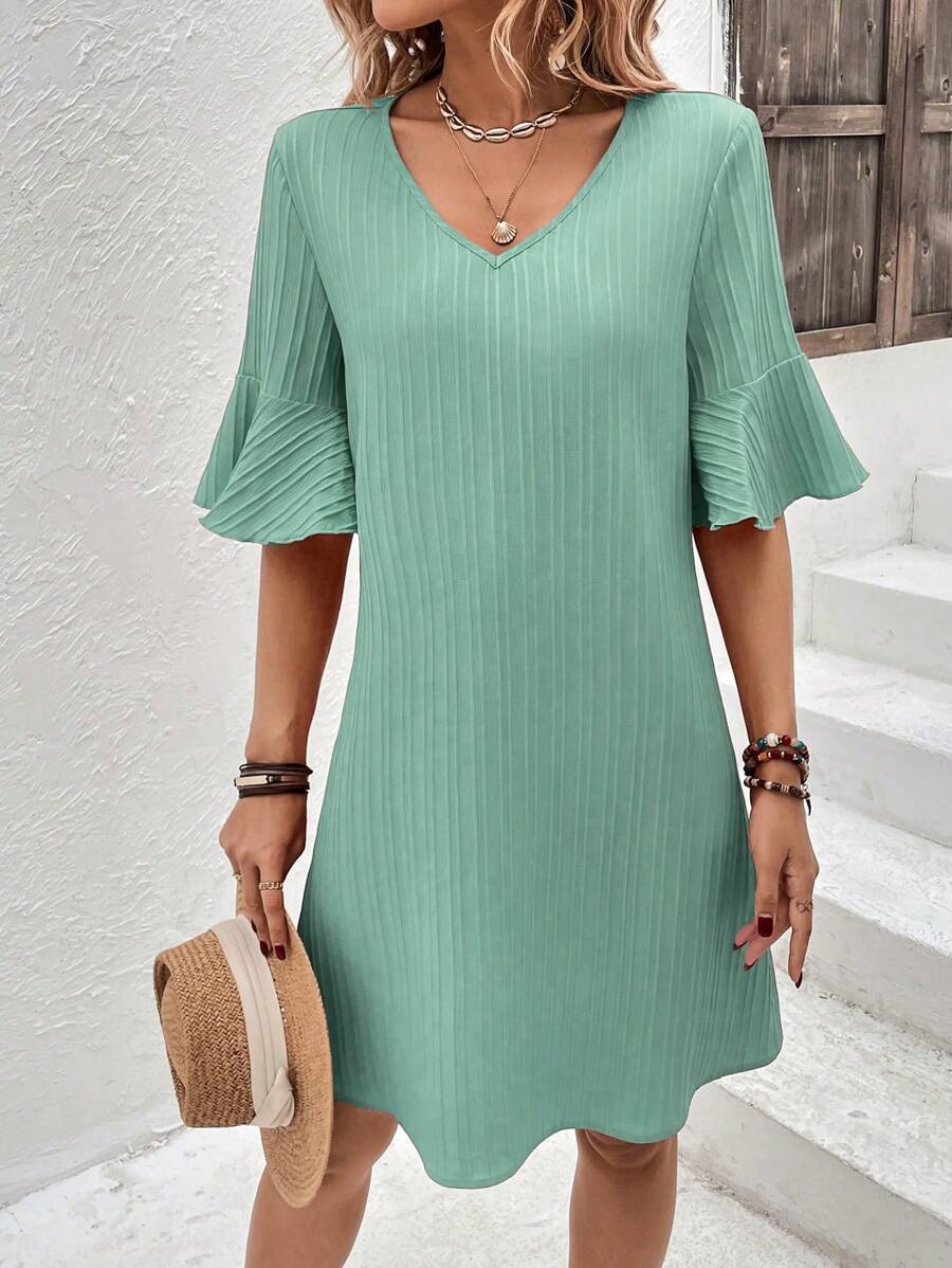 SHEIN Unity 荷葉袖V領連衣裙 - 薄荷綠 - 查看 1