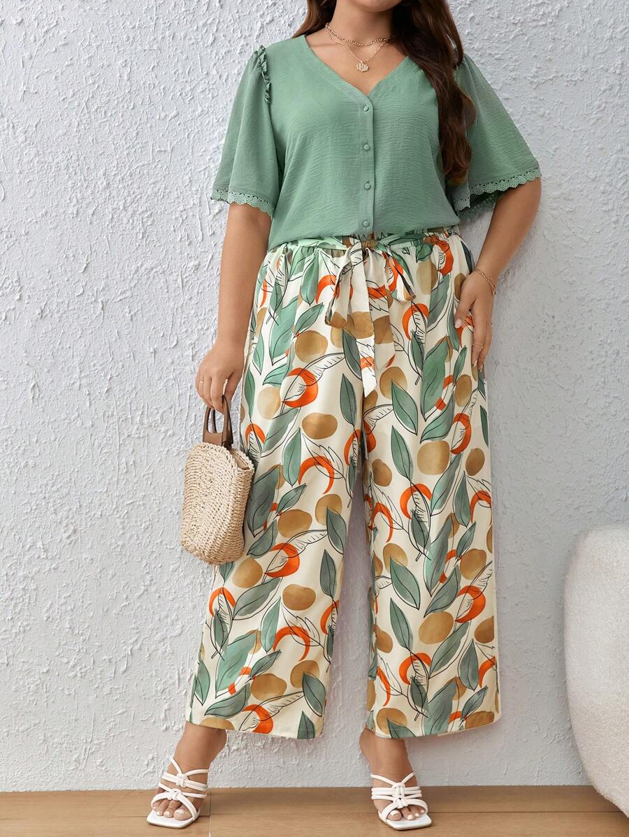 SHEIN Frenchy Plus Frill Trim Top & Plants Print Belted Pants - Multicolor - View 1