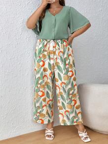 SHEIN Frenchy Plus Frill Trim Top & Plants Print Belted Pants - Multicolor - View 3
