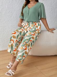 SHEIN Frenchy Plus Frill Trim Top & Plants Print Belted Pants - Multicolor - View 4