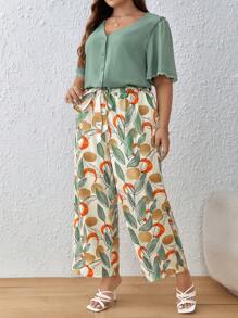 SHEIN Frenchy Plus Frill Trim Top & Plants Print Belted Pants - Multicolor - View 5