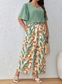 SHEIN Frenchy Plus Frill Trim Top & Plants Print Belted Pants - Multicolor - View 6