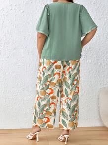 SHEIN Frenchy Plus Frill Trim Top & Plants Print Belted Pants - Multicolor - View 7