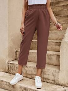 SHEIN Essnce 素色紙袋腰九分長褲 - 巧克力棕 - 查看 4