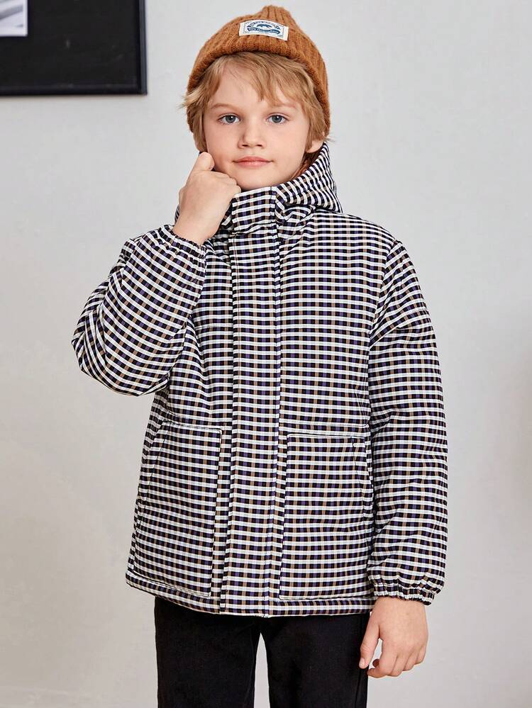 Thick Winter Hooded Plaid Print Casual Parka Coat For Boys