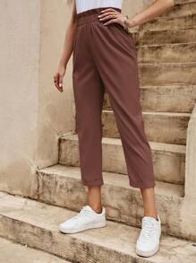 SHEIN Essnce 素色紙袋腰九分長褲 - 巧克力棕 - 查看 6