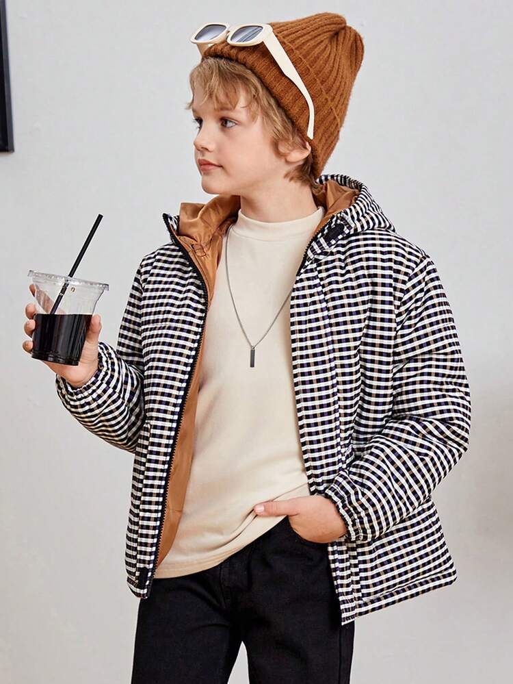 Thick Winter Hooded Plaid Print Casual Parka Coat For Boys