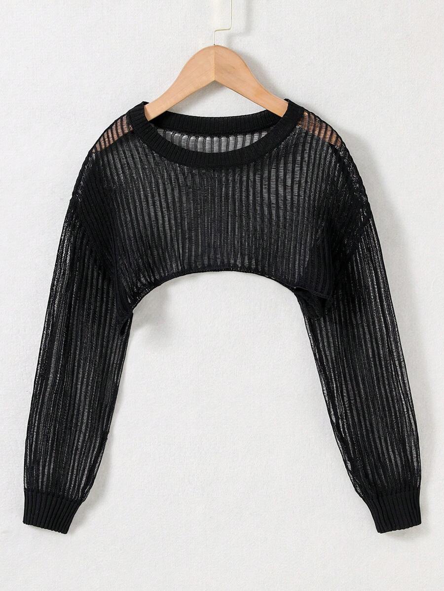 SHEIN Explorewe Tween Girl Solid Drop Shoulder Crop Jumper - Black - View 1