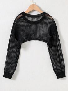 SHEIN Explorewe Tween Girl Solid Drop Shoulder Crop Jumper - Black - View 2