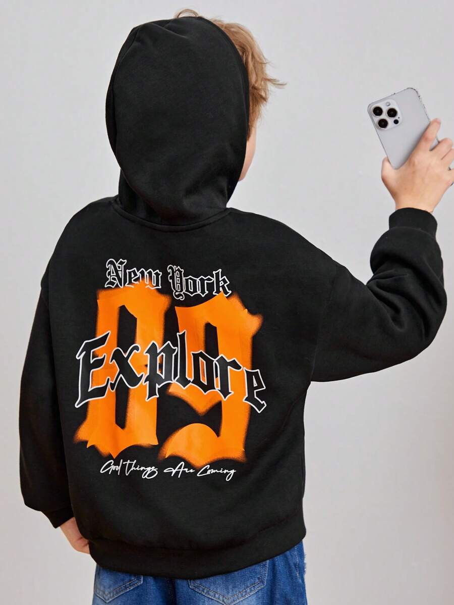 SHEIN Tween Boy Letter Graphic Drop Shoulder Sweatshirt - Black - View 1