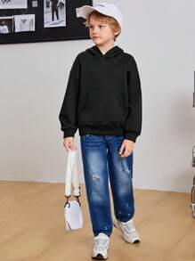 SHEIN Tween Boy Letter Graphic Drop Shoulder Sweatshirt - Black - View 4