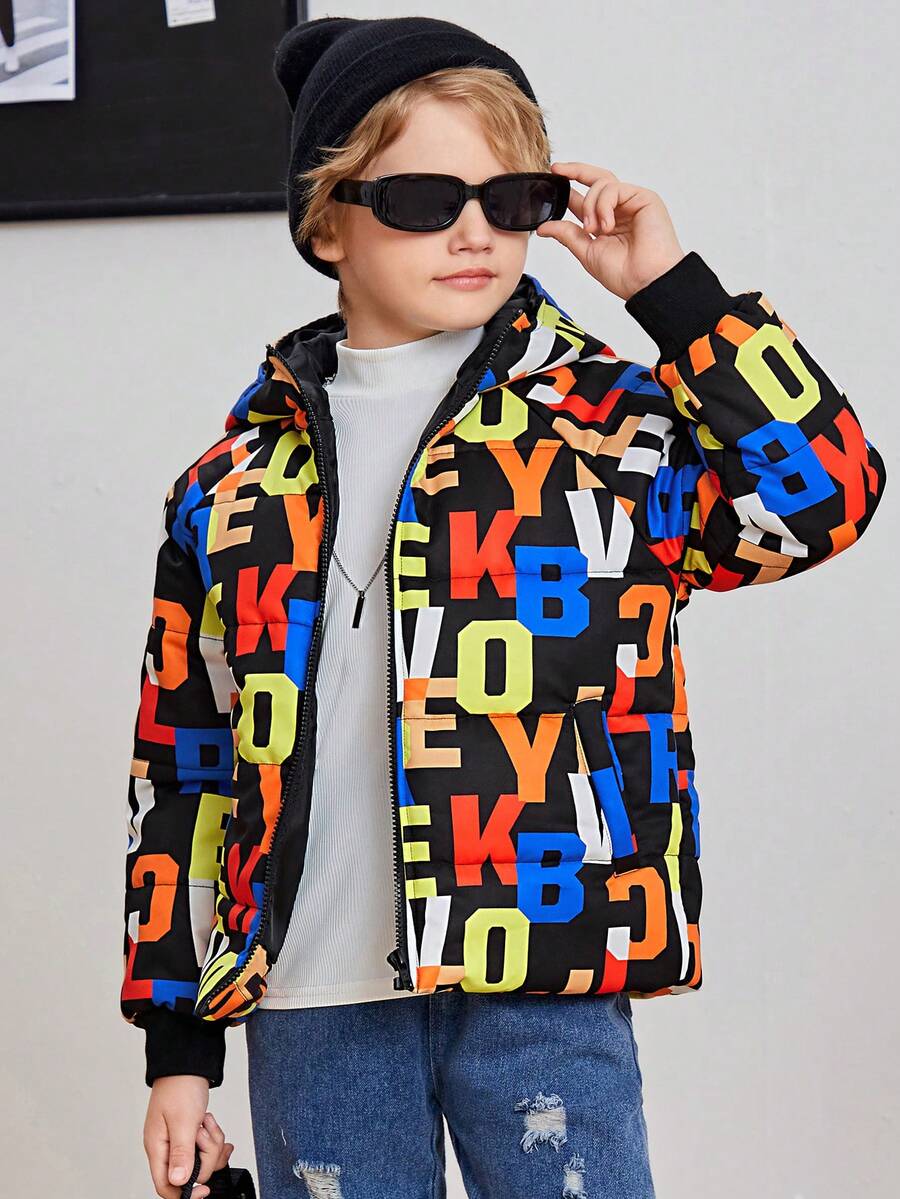 SHEIN Tween Boy Letter Graphic Padded Coat - Multicolor - View 1
