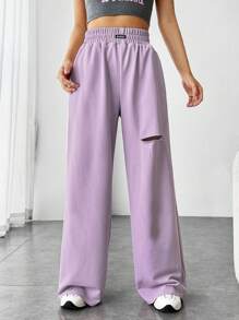 SHEIN EZwear 字母補丁細節破洞闊腿褲 - 紫色 - 查看 5