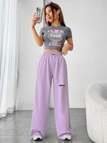 SHEIN EZwear 字母補丁細節破洞闊腿褲 - 紫色 - 查看 3
