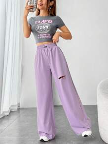 SHEIN EZwear 字母補丁細節破洞闊腿褲 - 紫色 - 查看 4