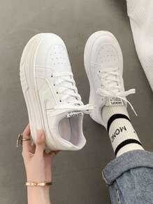 Women's Fashionable Wedge Heel Thick Sole Athletic Shoes, White Laced Breathable Increased Height Casual Sneakers For Spring Daily, Simple Yet Elegant Look, White Student Shoes