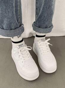 Women's Fashionable Wedge Heel Thick Sole Athletic Shoes, White Laced Breathable Increased Height Casual Sneakers For Spring Daily, Simple Yet Elegant Look, White Student Shoes