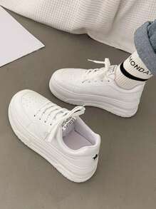 Women's Fashionable Wedge Heel Thick Sole Athletic Shoes, White Laced Breathable Increased Height Casual Sneakers For Spring Daily, Simple Yet Elegant Look, White Student Shoes