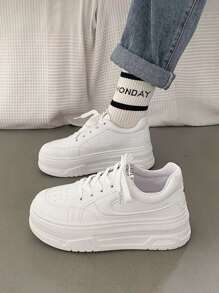 Women's Fashionable Wedge Heel Thick Sole Athletic Shoes, White Laced Breathable Increased Height Casual Sneakers For Spring Daily, Simple Yet Elegant Look, White Student Shoes
