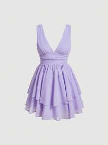 SHEIN MOD Vestido unicolor pecho con fruncido bajo con fruncido - Lila Púrpura - Ver 1