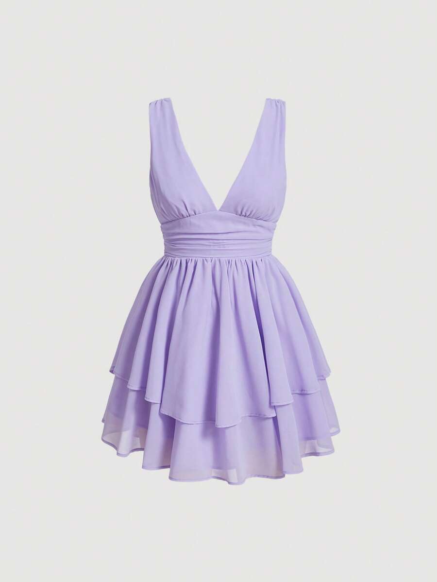 SHEIN MOD Vestido unicolor pecho con fruncido bajo con fruncido - Lila Púrpura - Ver 1