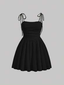 SHEIN MOD Plus Tie Shoulder Ruched Cami Dress - Black - View 1