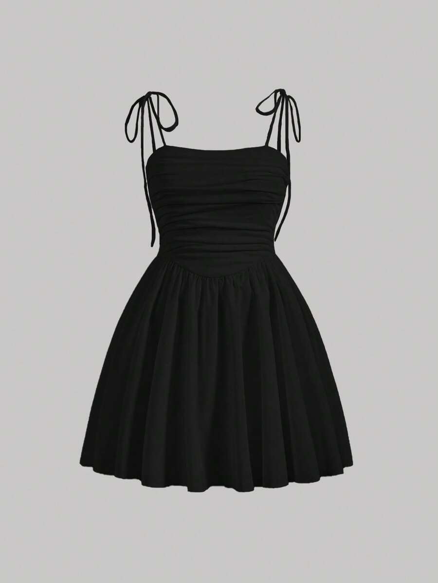 SHEIN MOD Plus Tie Shoulder Ruched Cami Dress - Black - View 1